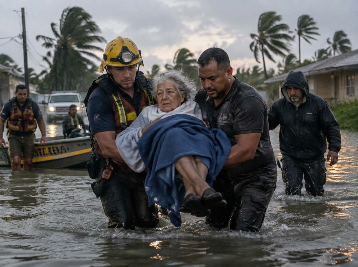 Responders and neighbours helping an elderly woman out of floodwater